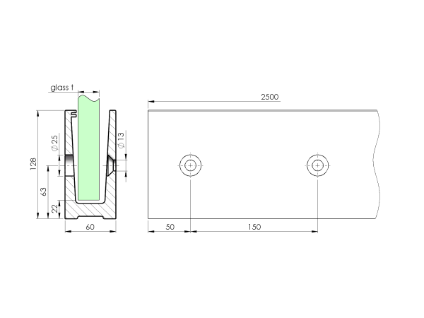 Aluminium Ganzglasgeländer U-Bodenprofil vorgesetzt 2500mm 3,0kN Glasgeländer Satin Elox